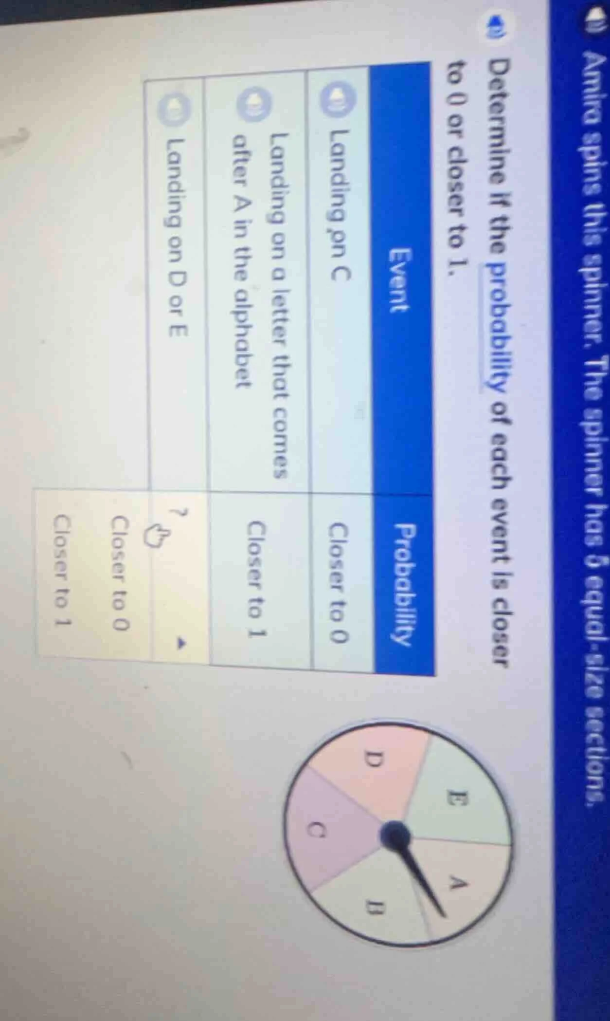 determine if the probability of each event is closer to 0 or closer to …