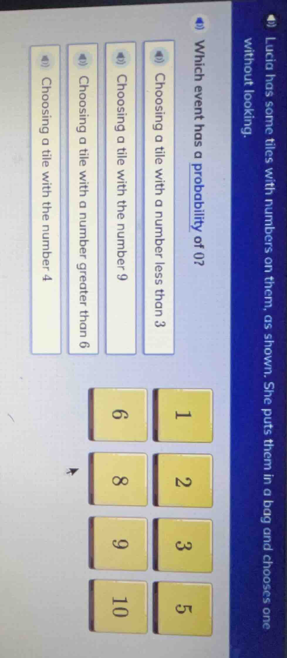 lucia has some tiles with numbers on them, as shown. she puts them in a…