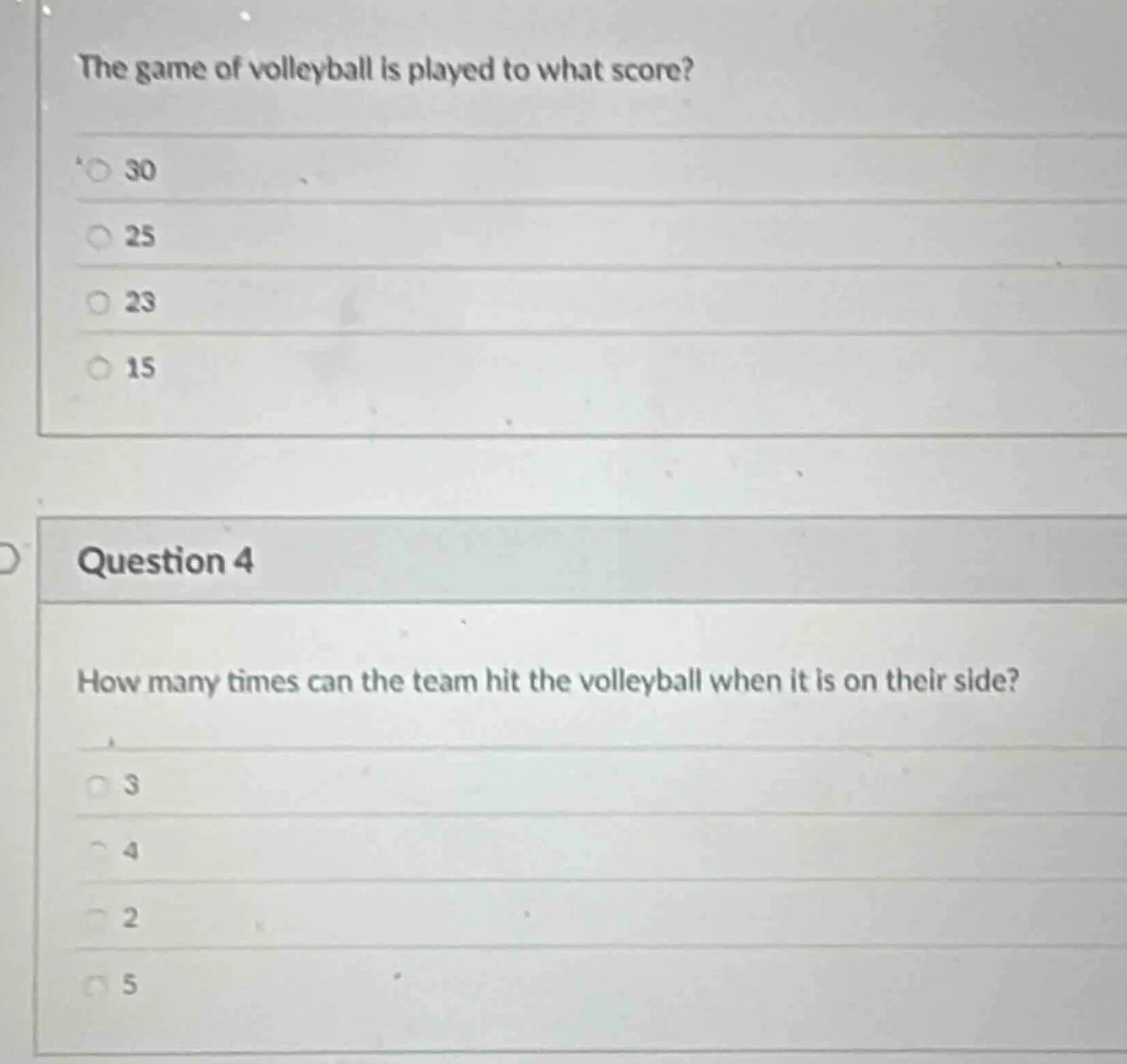 the game of volleyball is played to what score? 30 25 23 15 question 4 …