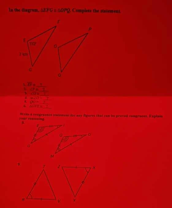 in the diagram, $\\triangle efg \\cong \\triangle opq$. complete the st…