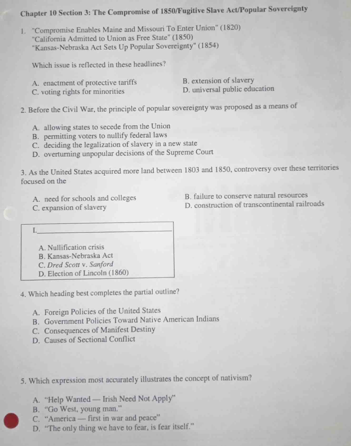 chapter 10 section 3: the compromise of 1850/fugitive slave act/popular…