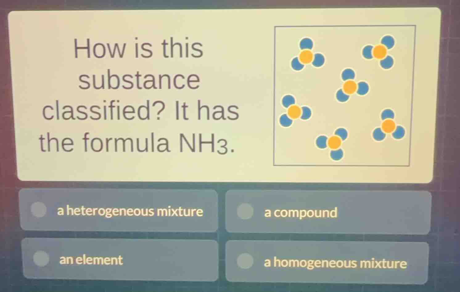how is this substance classified? it has the formula nh₃. image of mole…