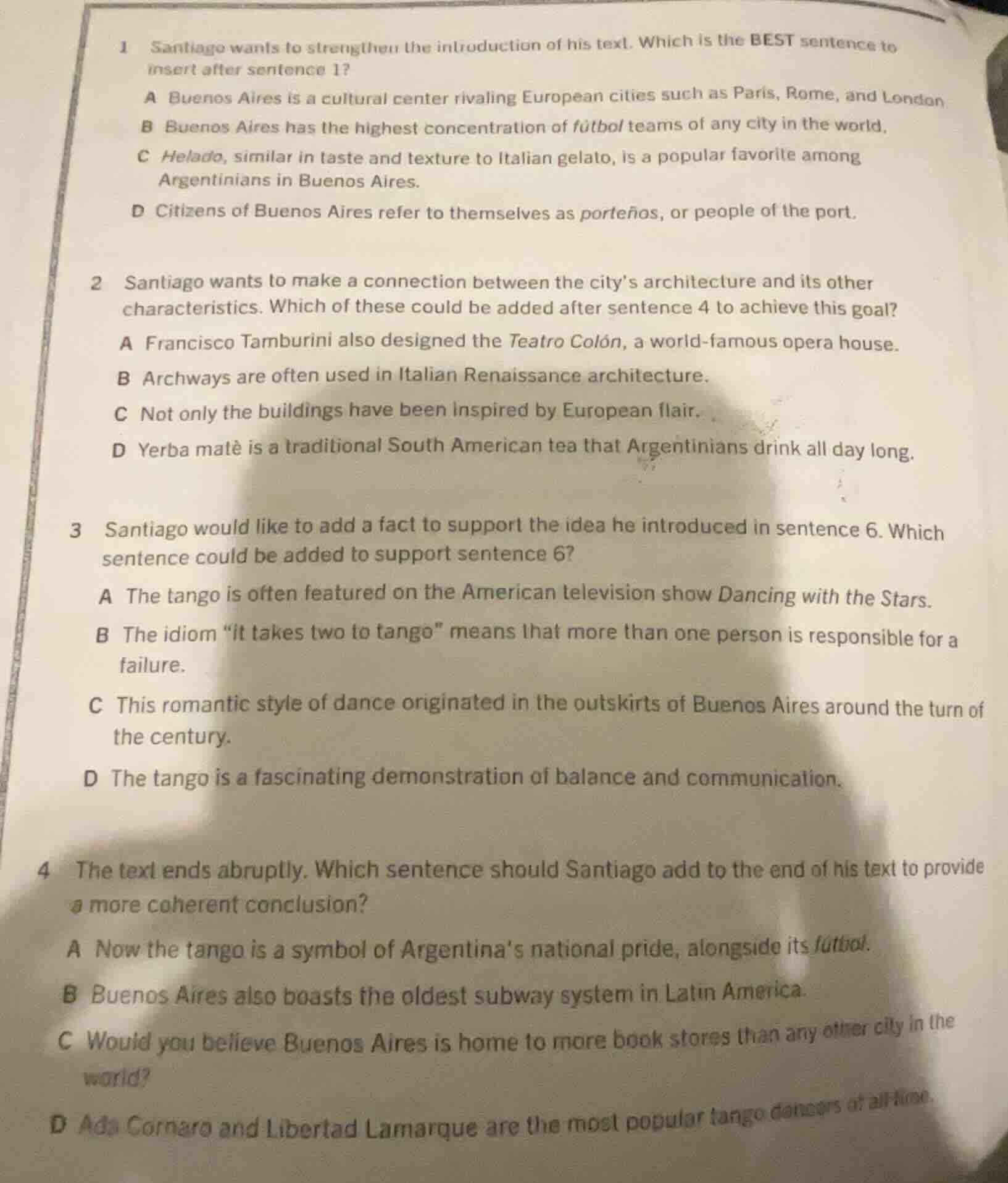 1 santiago wants to strengthen the introduction of his text. which is t…