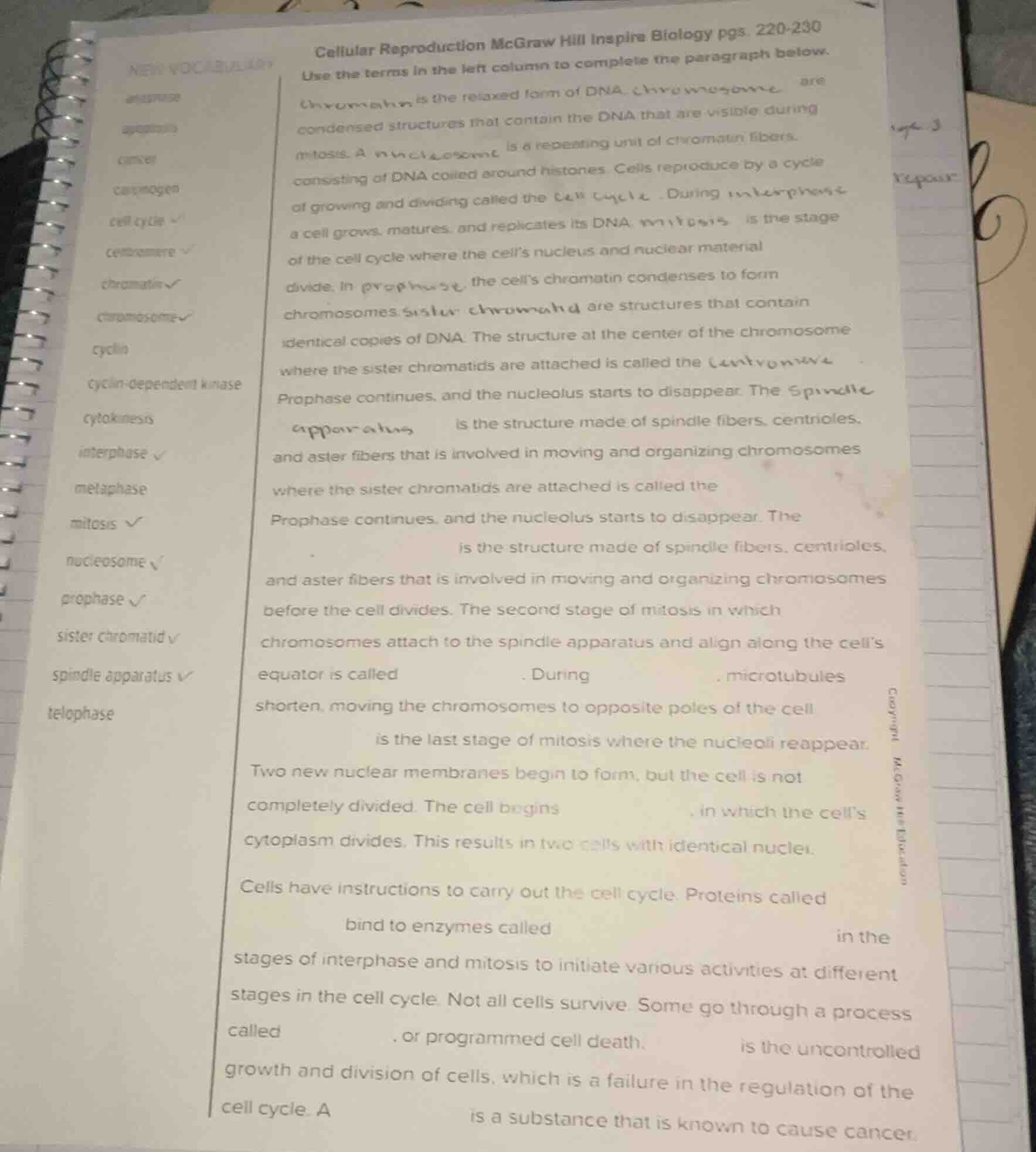 cellular reproduction mcgraw hill inspire biology pgs. 220 - 230 use th…