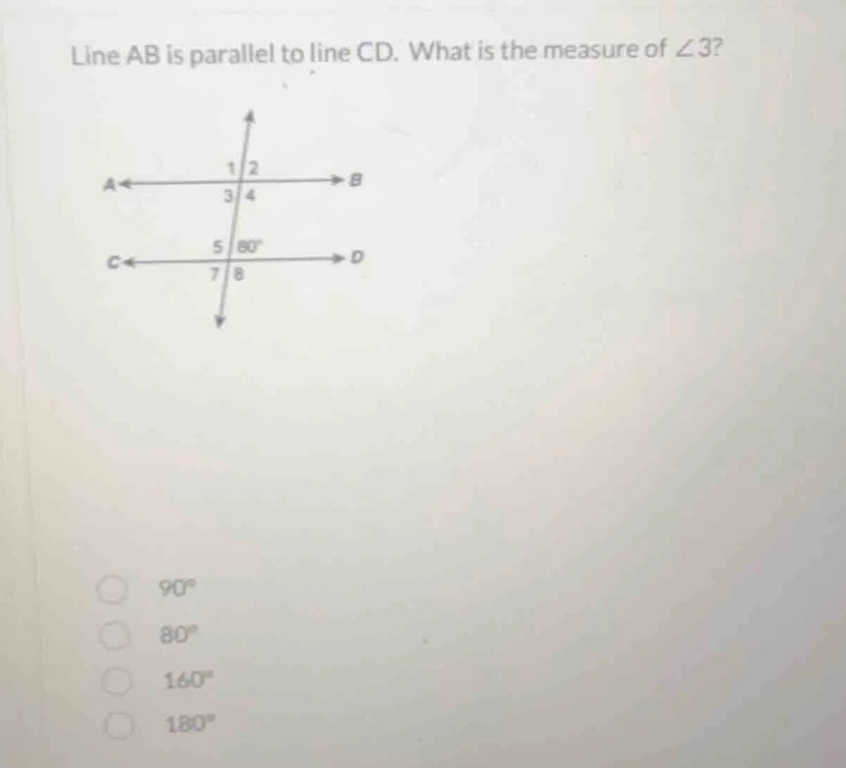 line ab is parallel to line cd. what is the measure of $\\angle 3$? opt…