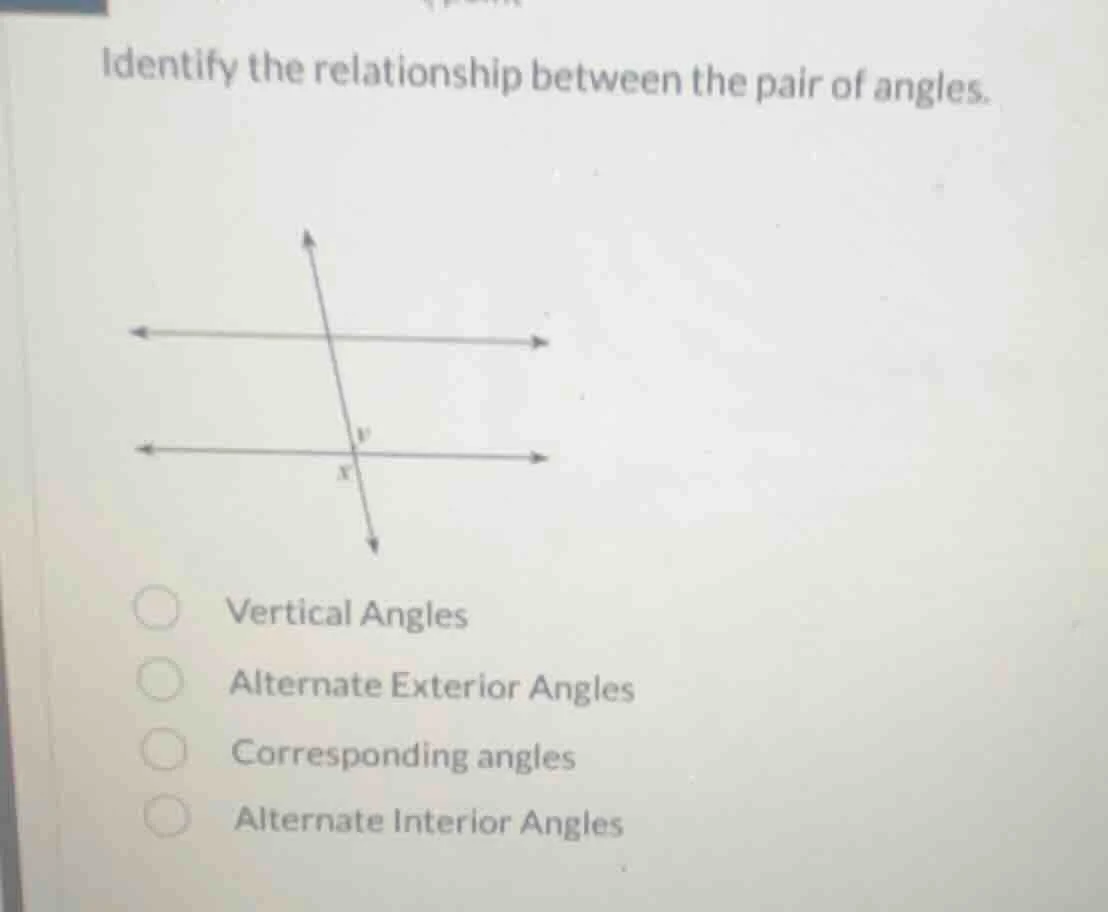 identify the relationship between the pair of angles. image of two para…