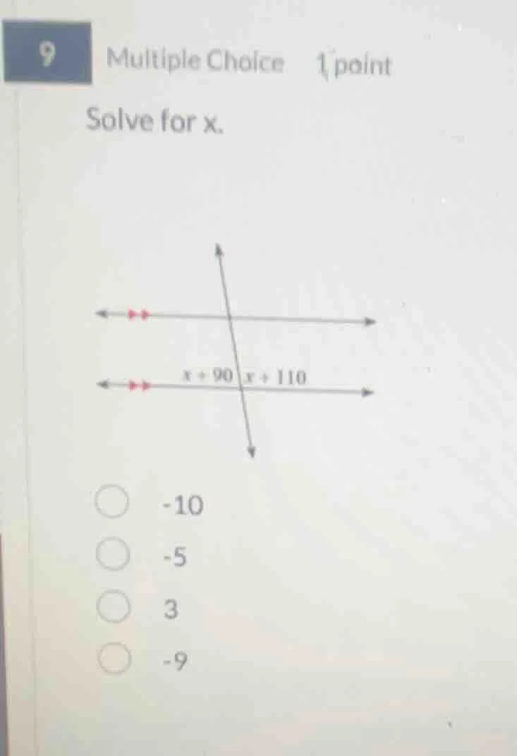 9 multiple choice 1 point solve for x. image of two parallel lines cut …