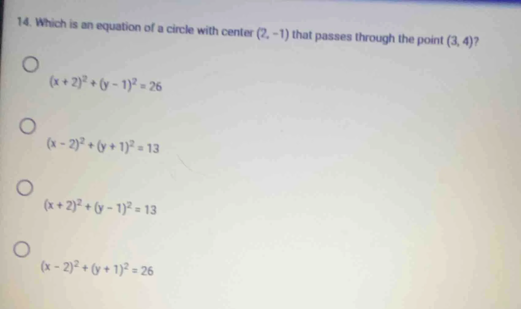 14. which is an equation of a circle with center (2, -1) that passes th…