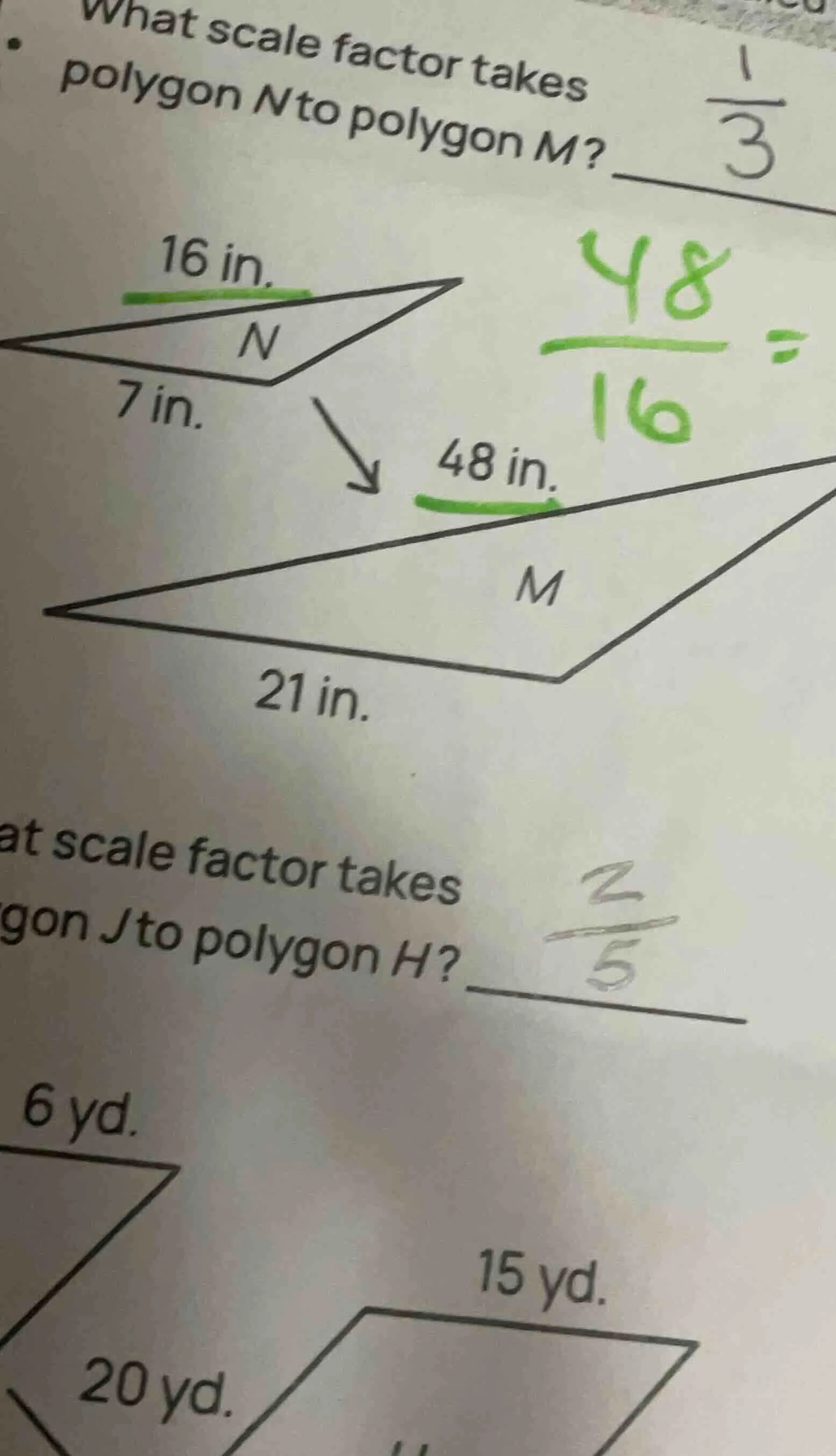 what scale factor takes polygon n to polygon m? 16 in. n 7 in. 48 in. m…
