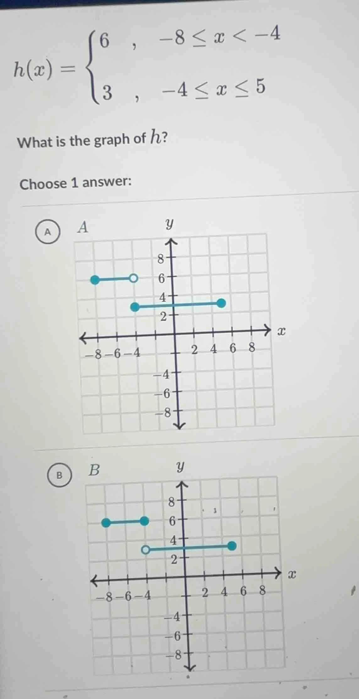 h(x) = \\begin{cases} 6, & -8 \\leq x < -4 \\\\ 3, & -4 \\leq x \\leq 5…