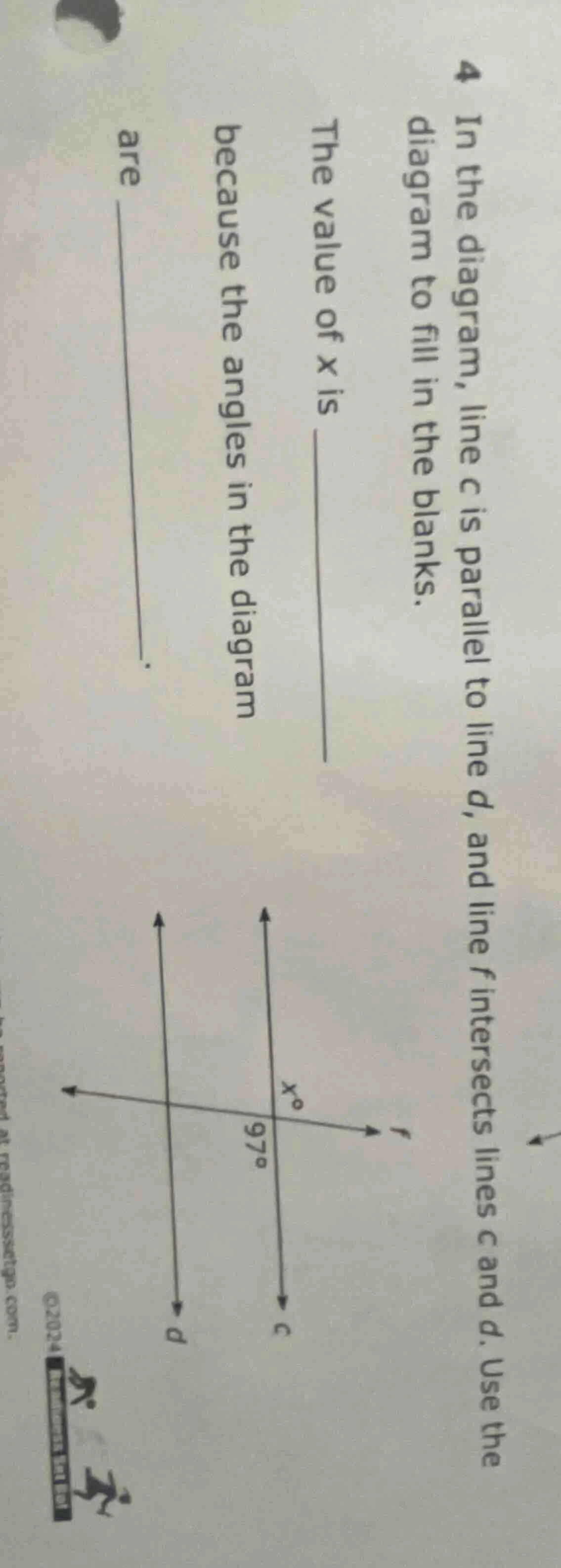 4 in the diagram, line c is parallel to line d, and line f intersects l…