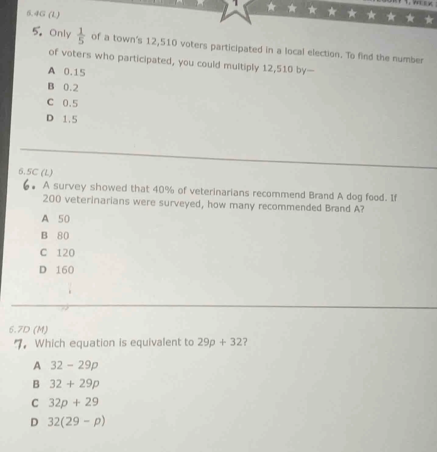 6.4g (l) 5. only \\(\\frac{1}{5}\\) of a town’s 12,510 voters participa…