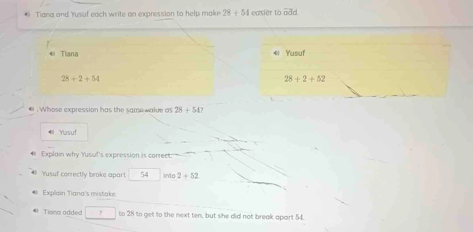 tiana and yusuf each write an expression to help make $28 + 54$ easier …