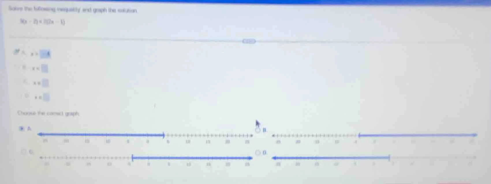 solve the following inequality and graph the solution. $3(x - 2) < 5(2x…