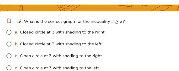 what is the correct graph for the inequality $3 \\geq x$? \\bigcirc a. …