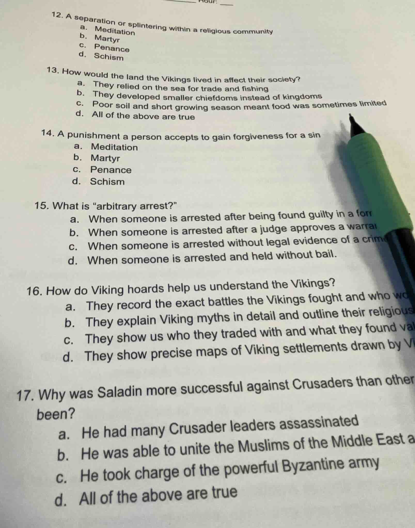 12. a separation or splintering within a religious community a. meditat…