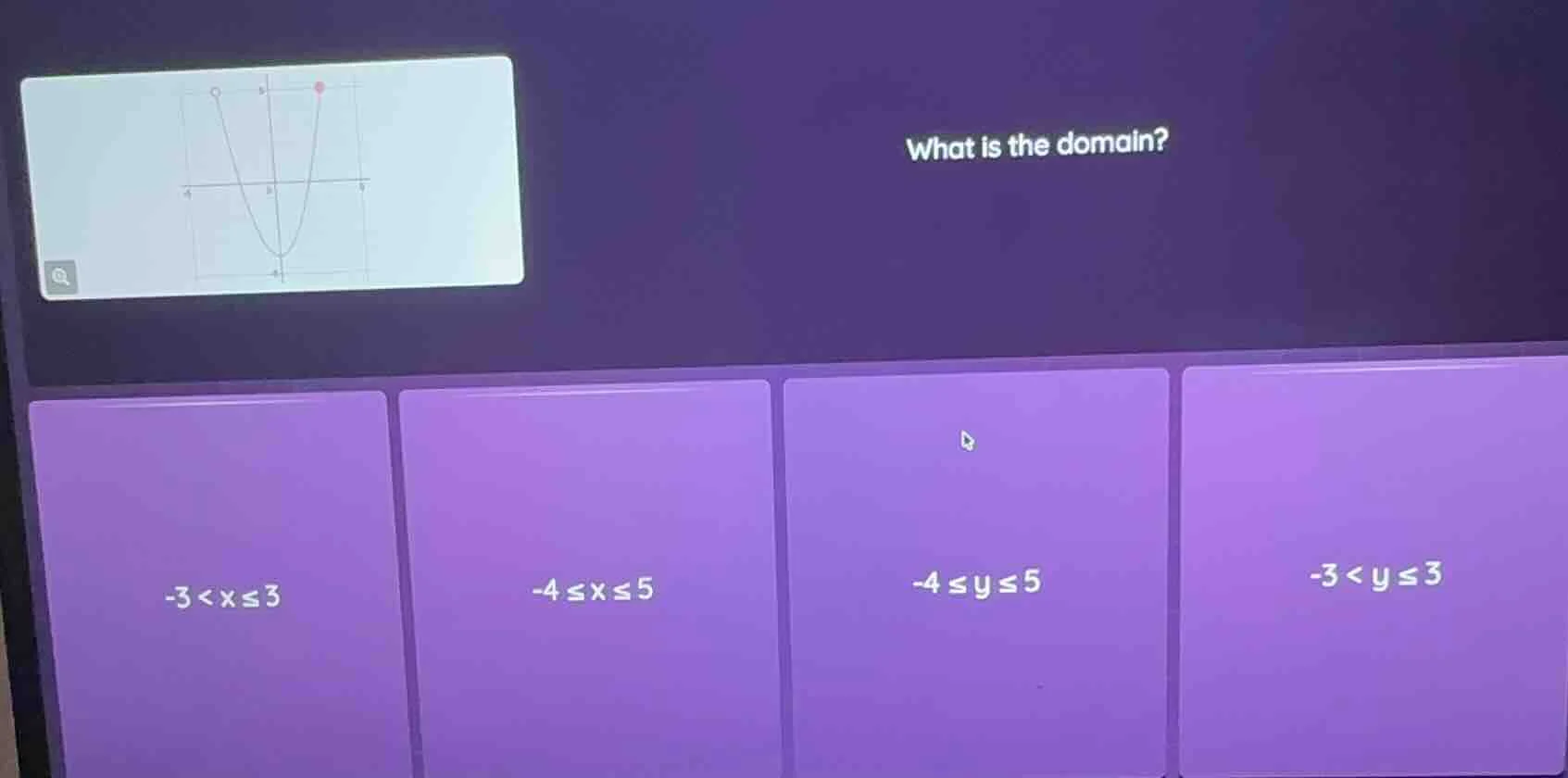 what is the domain? options: -3 < x ≤ 3, -4 ≤ x ≤ 5, -4 ≤ y ≤ 5, -3 < y…