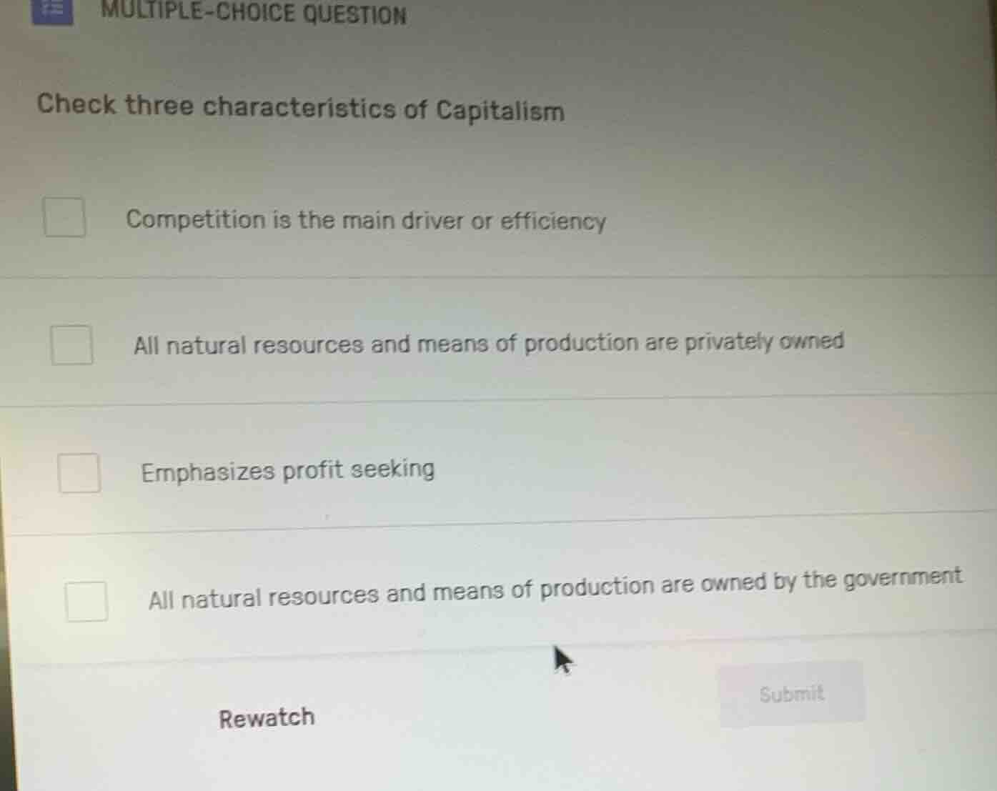 multiple-choice question check three characteristics of capitalism - co…