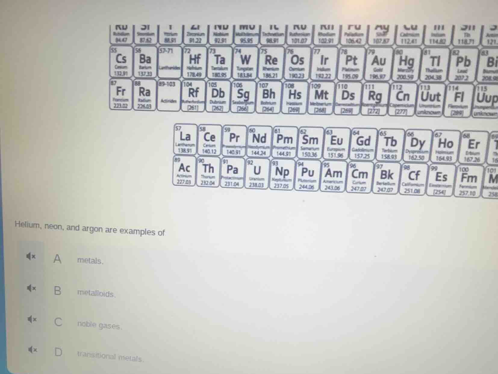helium, neon, and argon are examples of a metals. b metalloids. c noble…