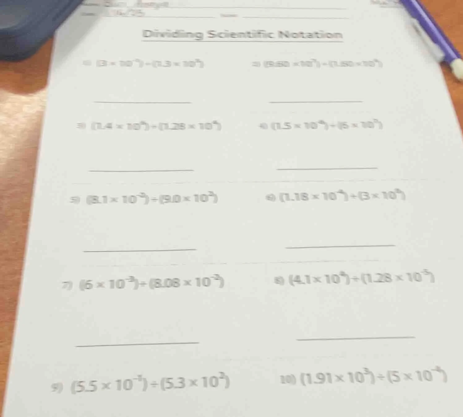 dividing scientific notation 1) $(3 \\times 10^{-2}) \\div (0.3 \\times…