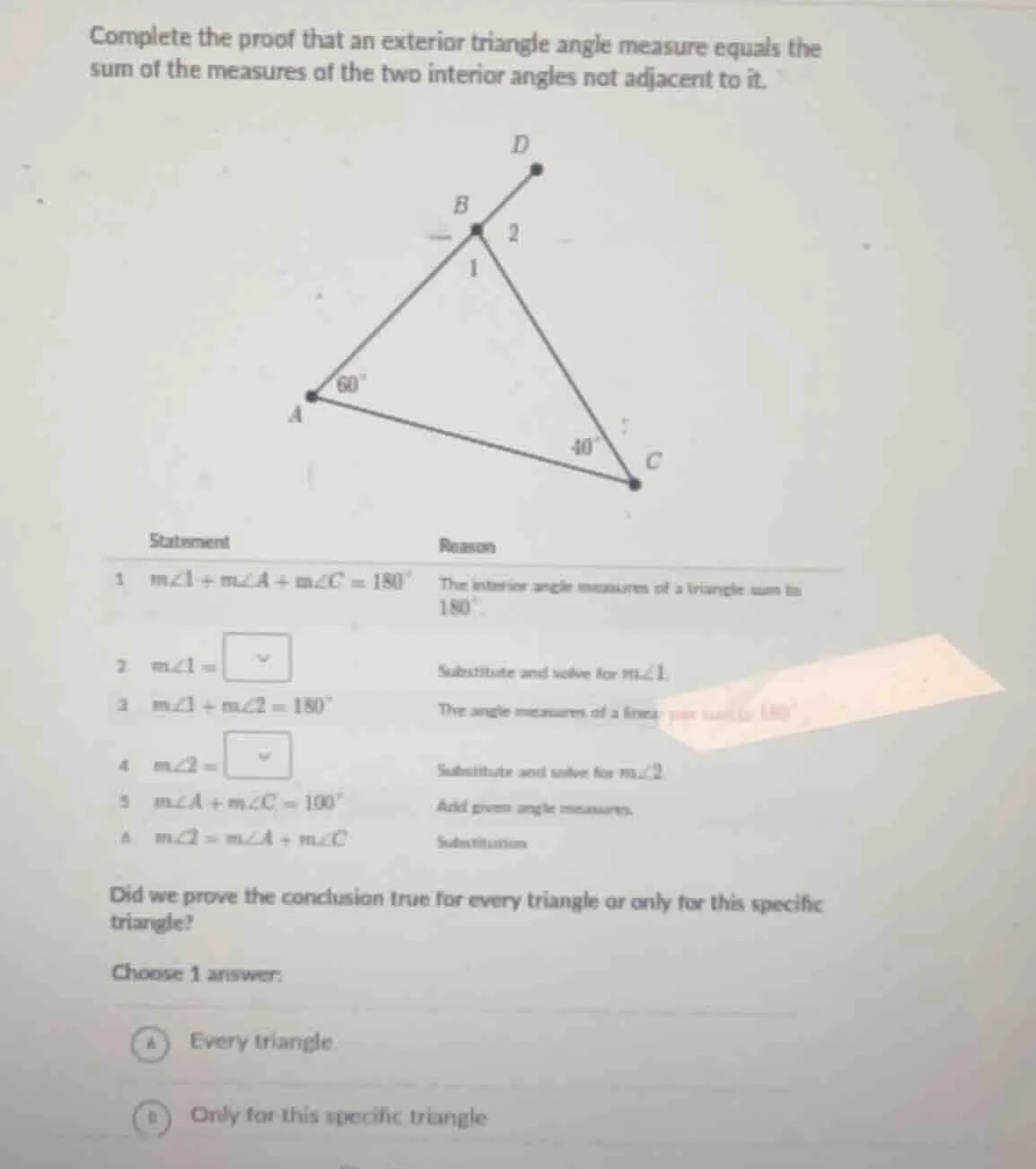 complete the proof that an exterior triangle angle measure equals the s…