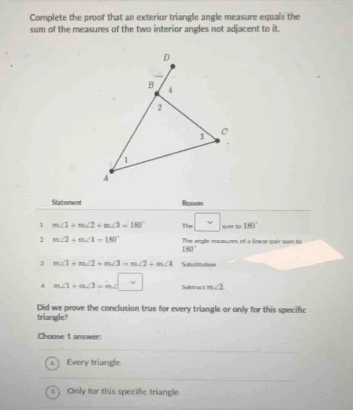 complete the proof that an exterior triangle angle measure equals the s…