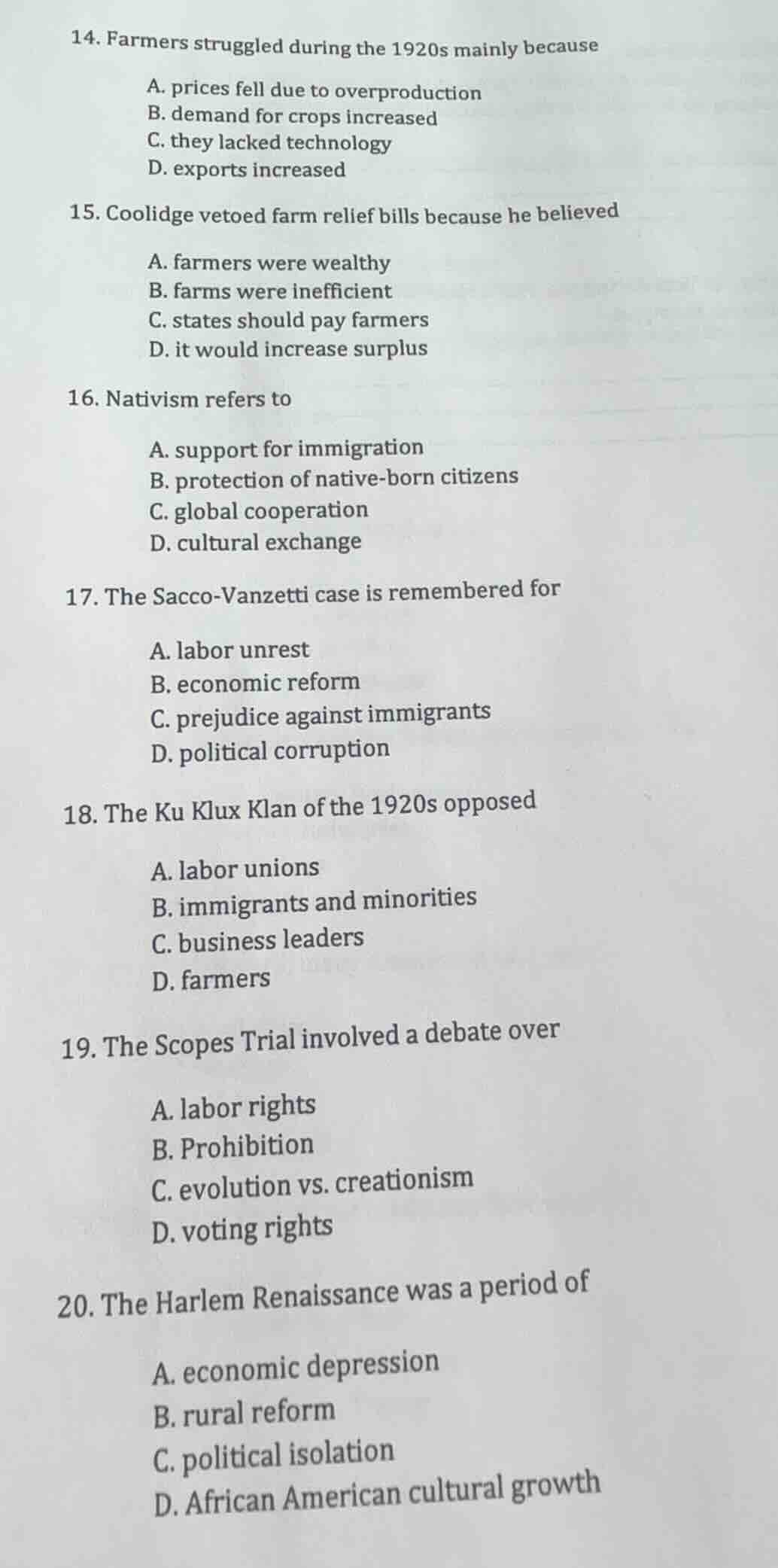 14. farmers struggled during the 1920s mainly because a. prices fell du…