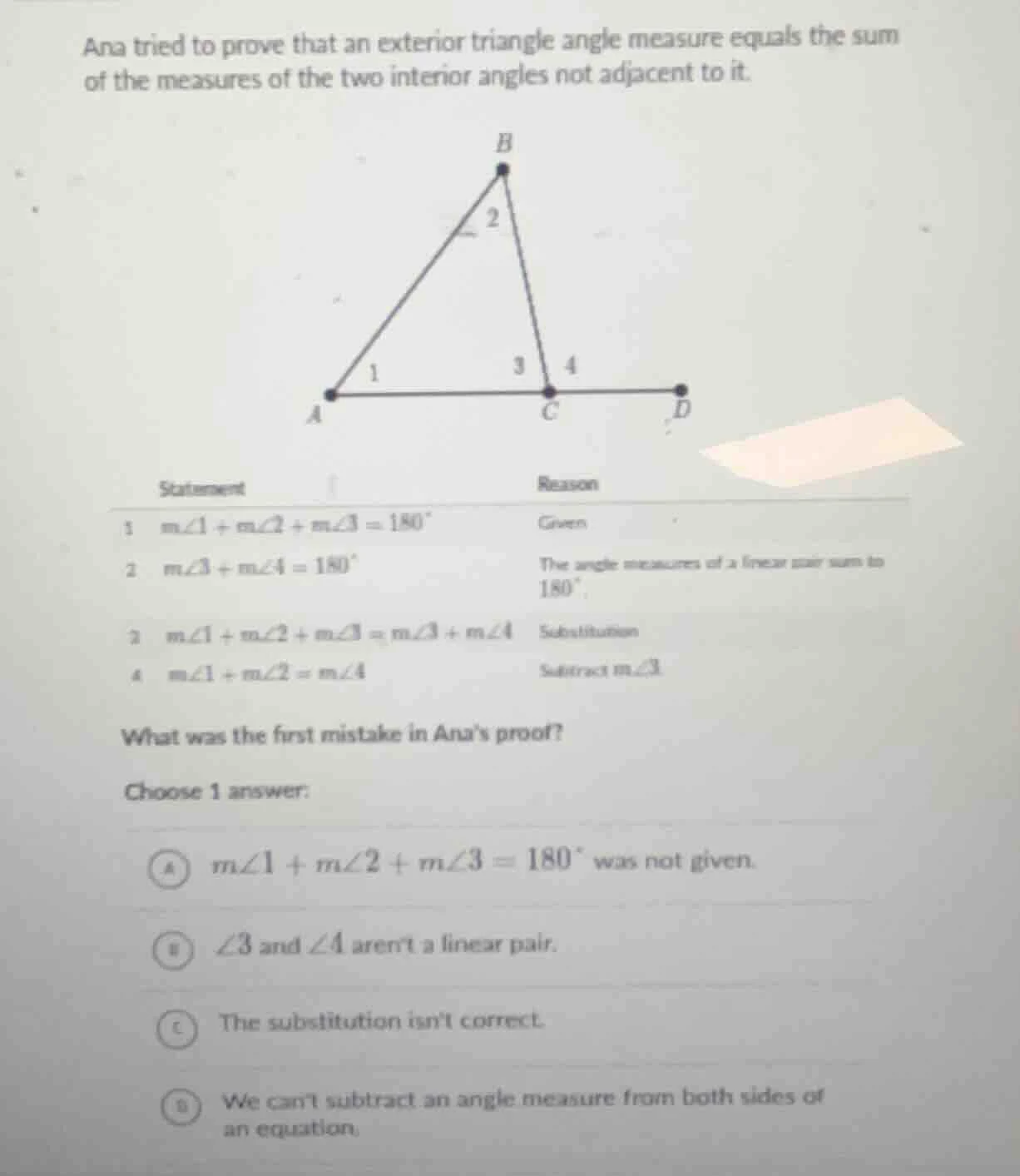 ana tried to prove that an exterior triangle angle measure equals the s…