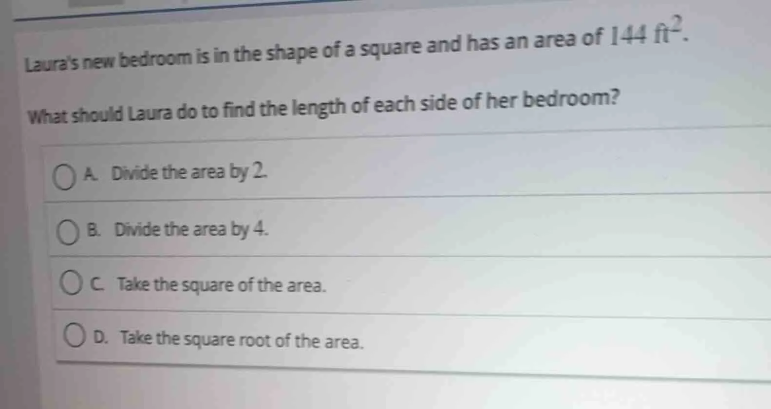 lauras new bedroom is in the shape of a square and has an area of $144\…