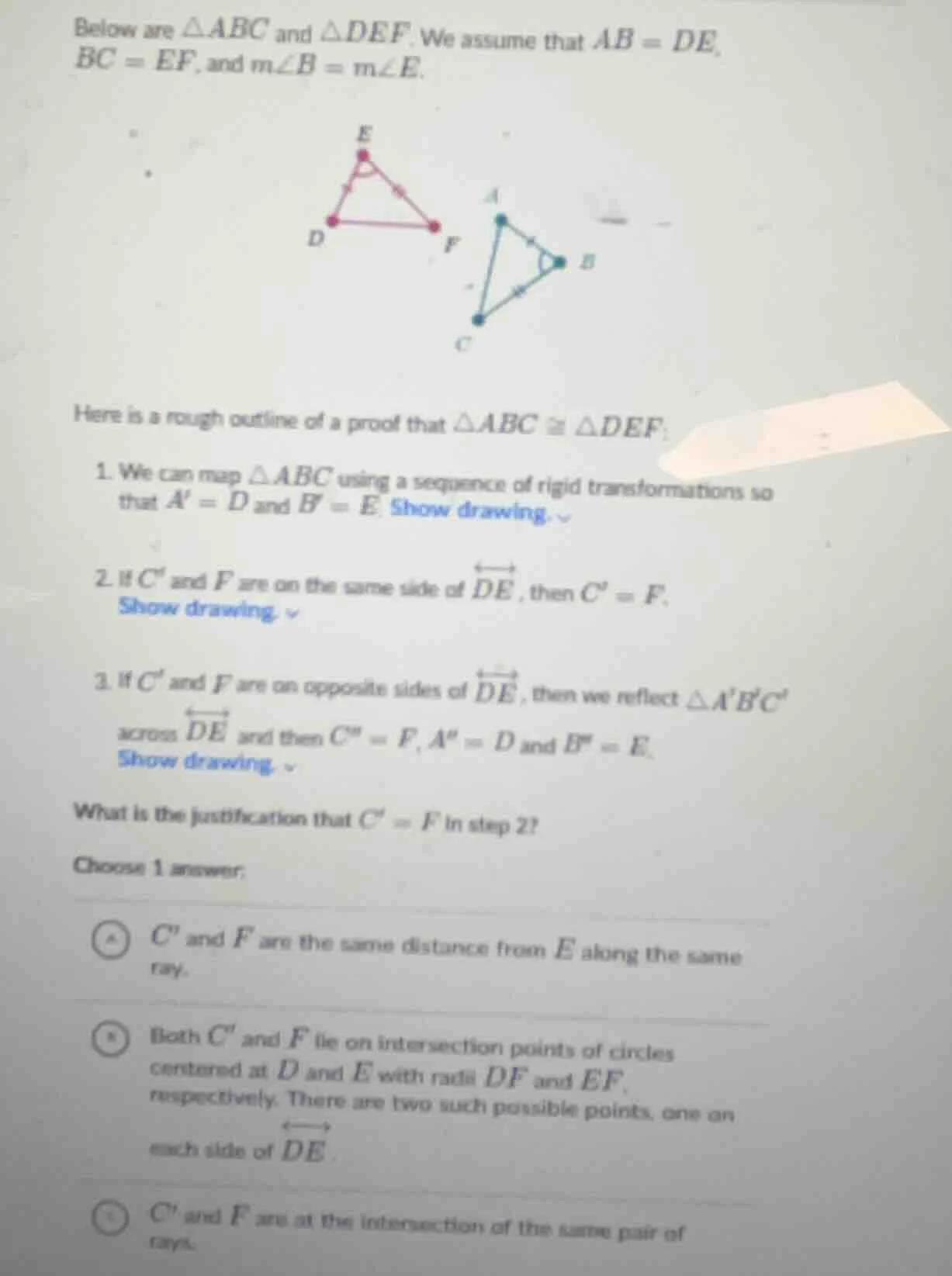 below are △abc and △def. we assume that ab = de, bc = ef, and m∠b = m∠e…