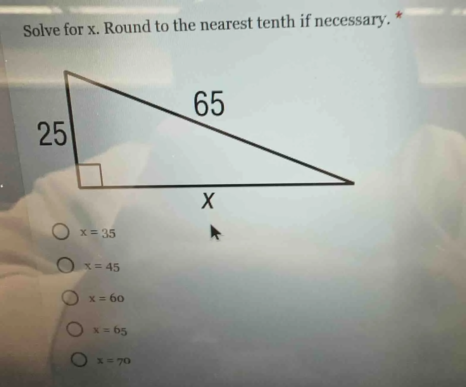 solve for x. round to the nearest tenth if necessary. right triangle wi…