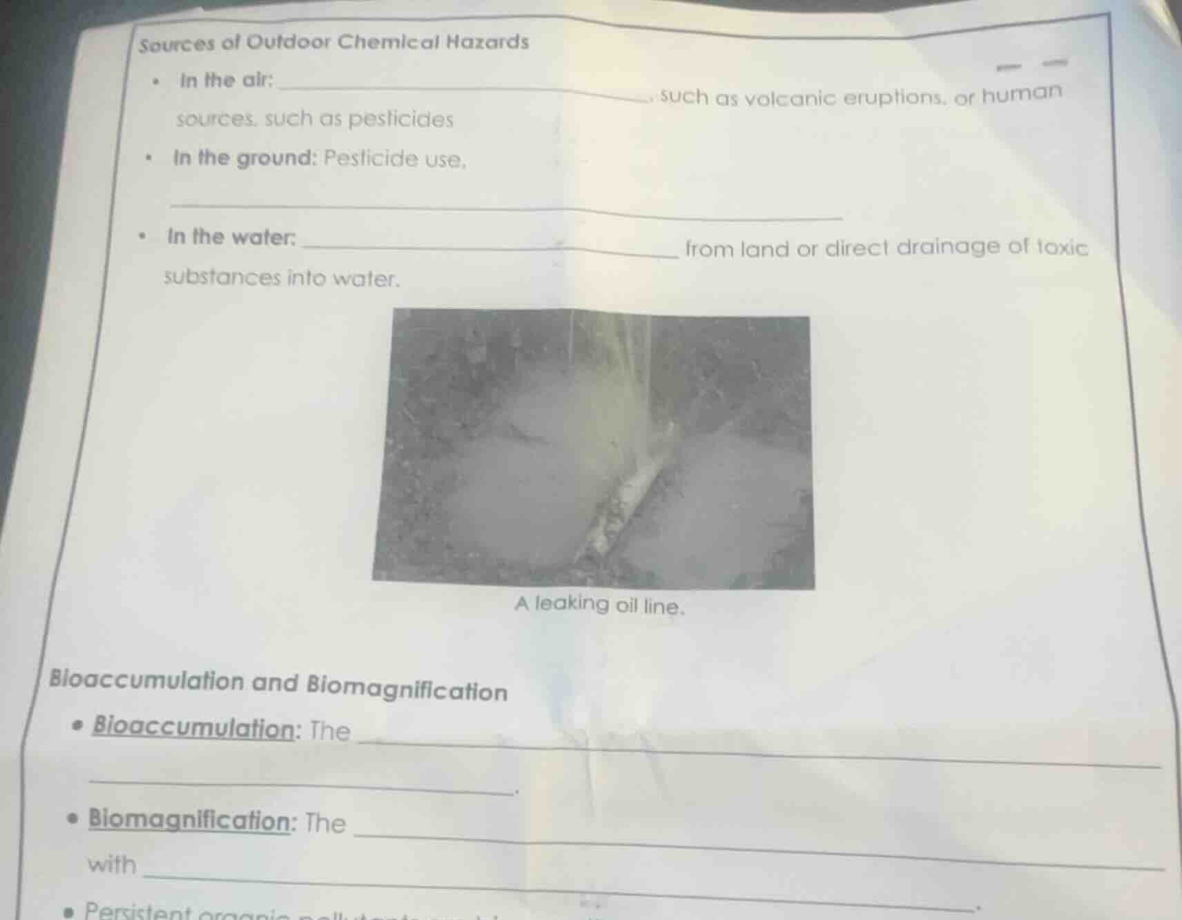 sources of outdoor chemical hazards - in the air: ____________, such as…
