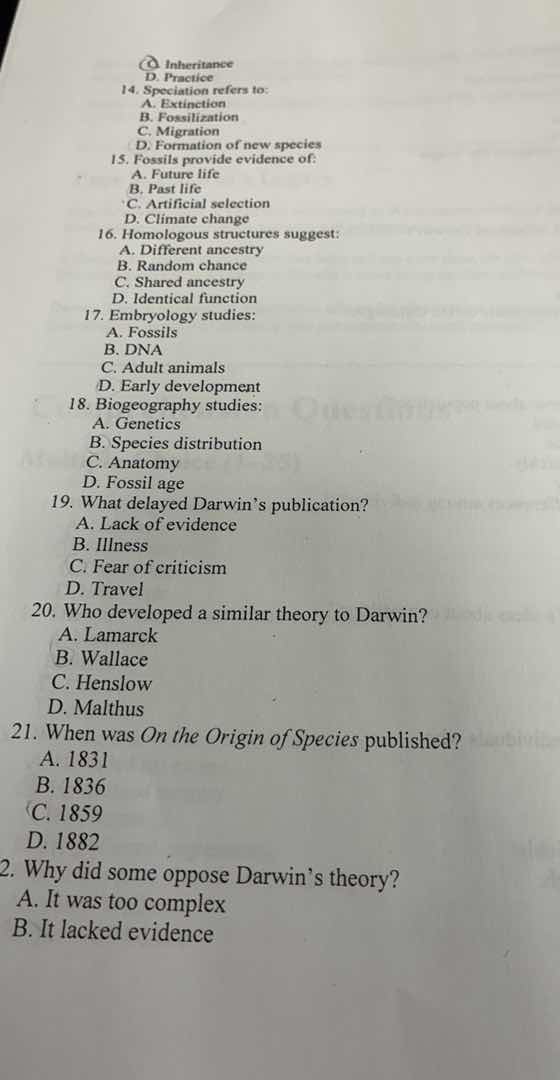 14. speciation refers to: a. extinction b. fossilization c. migration d…