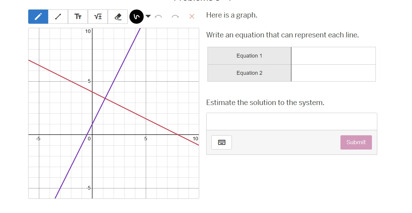 here is a graph. write an equation that can represent each line. equati…