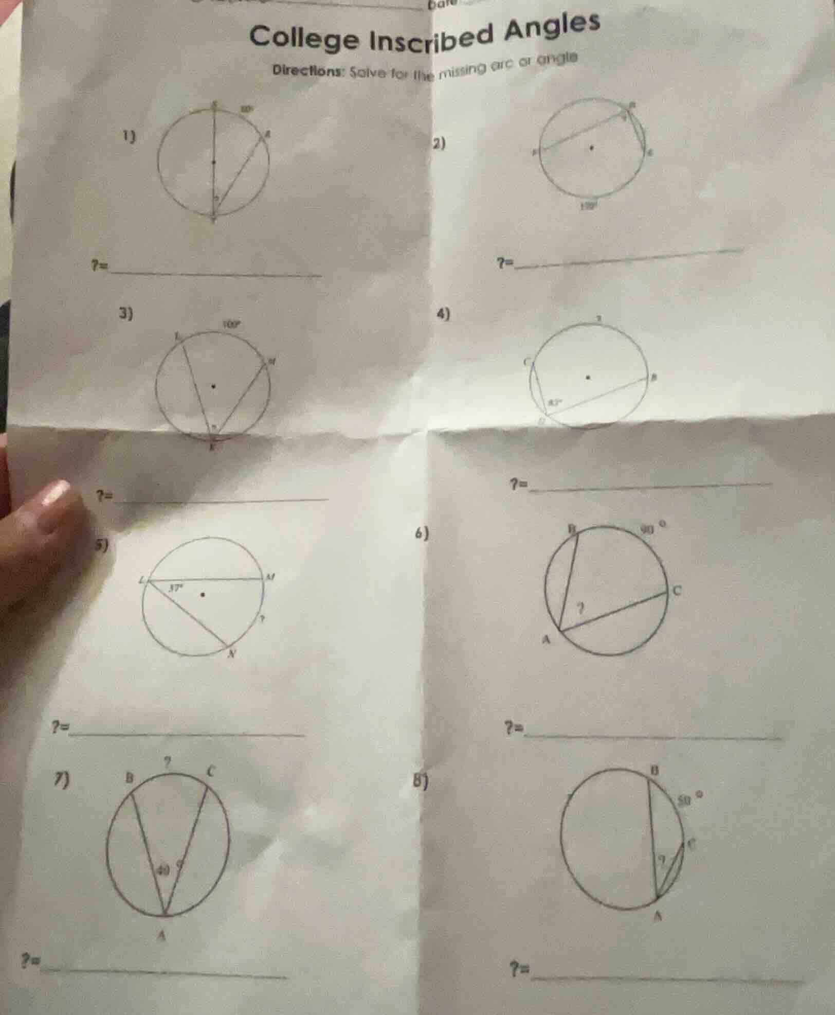 college inscribed angles directions: solve for the missing arc or angle…