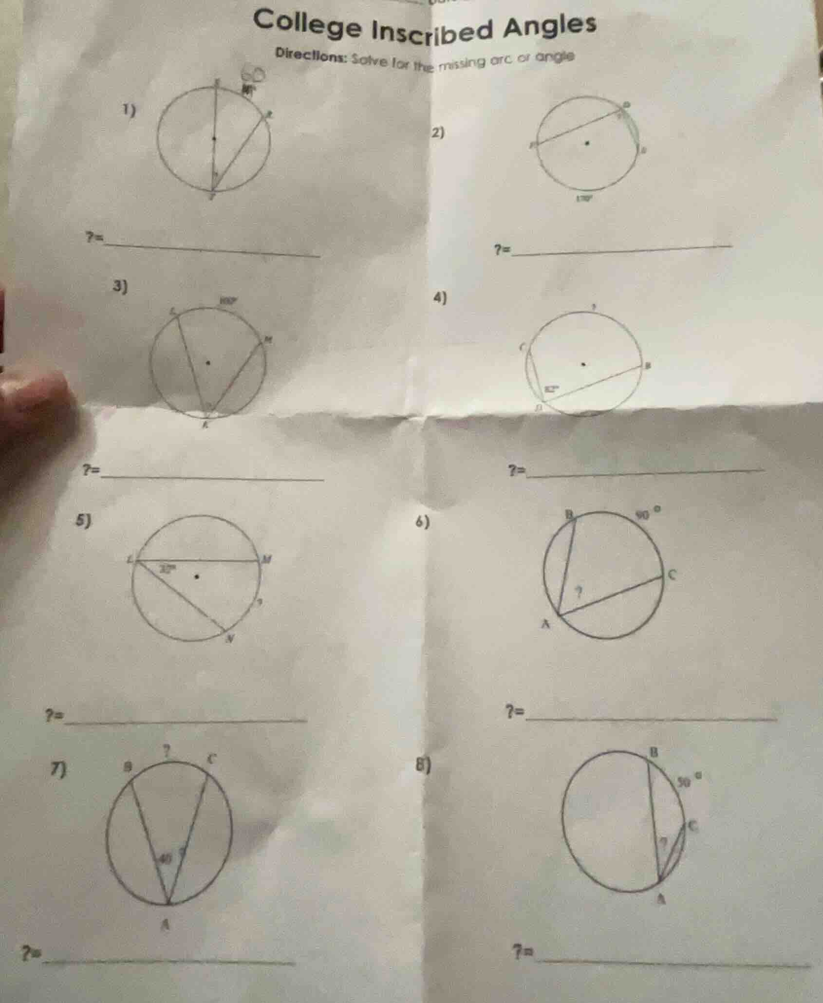 college inscribed angles directions: solve for the missing arc or angle…