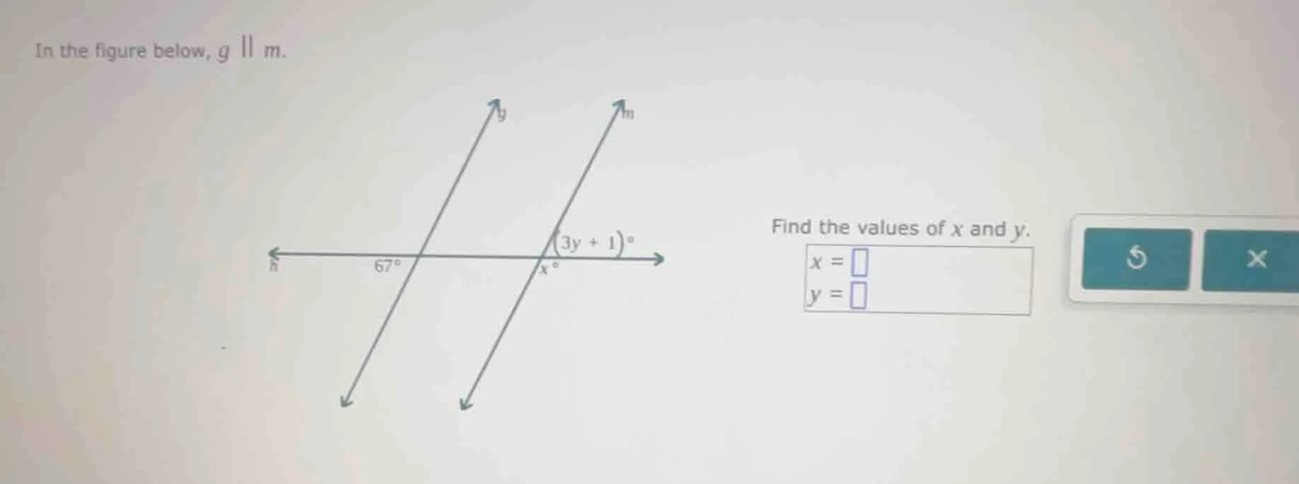 in the figure below, g || m. find the values of x and y. x = y = (there…