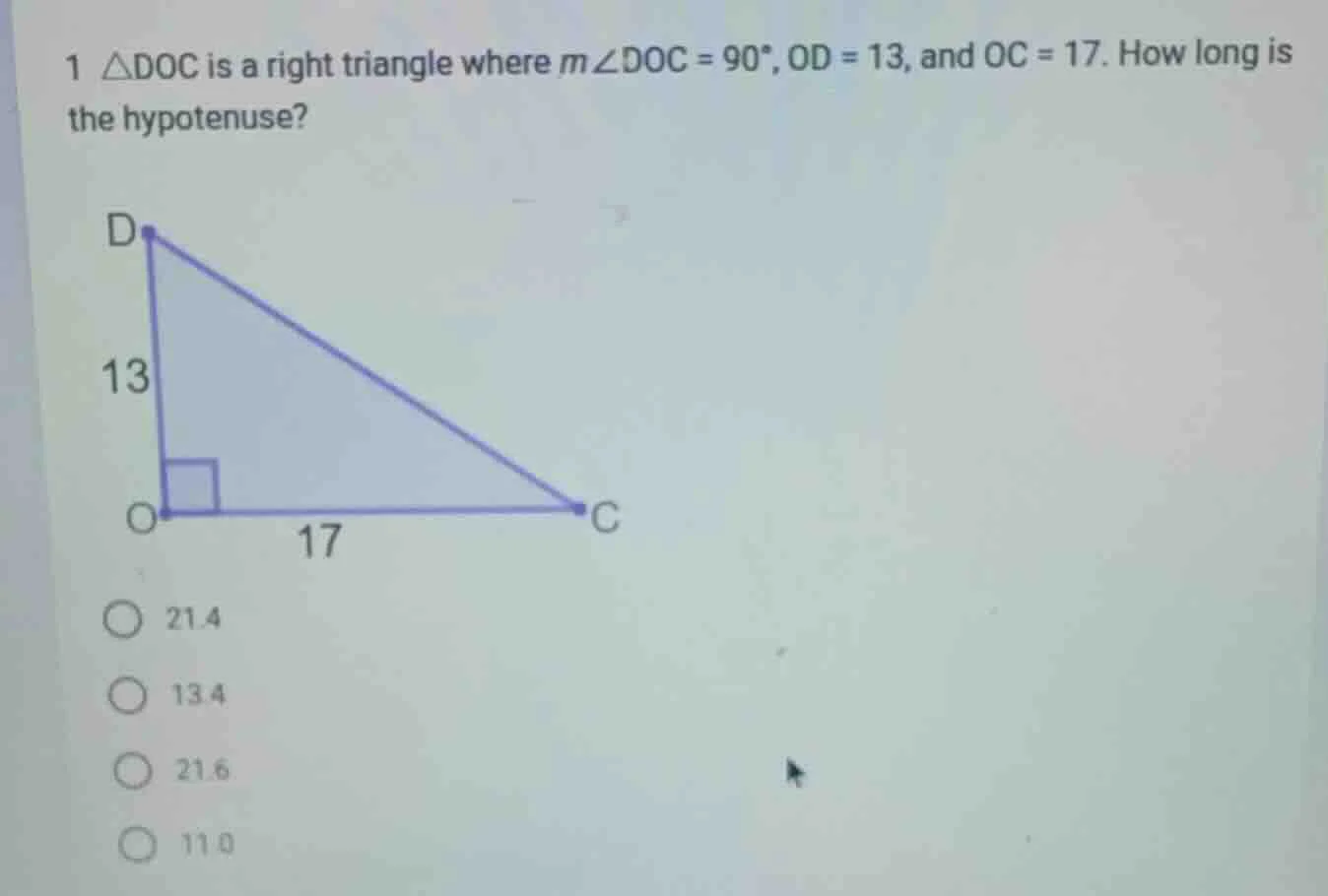 1 △doc is a right triangle where m∠doc = 90°, od = 13, and oc = 17. how…