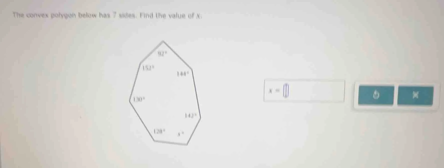 the convex polygon below has 7 sides. find the value of x. (the polygon…