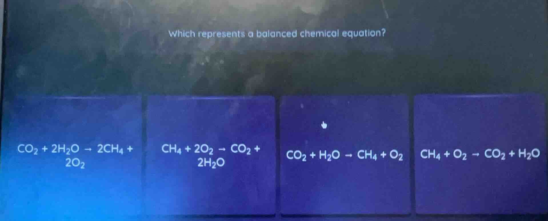 which represents a balanced chemical equation?\ $\\ce{co_{2} + 2h_{2}o …