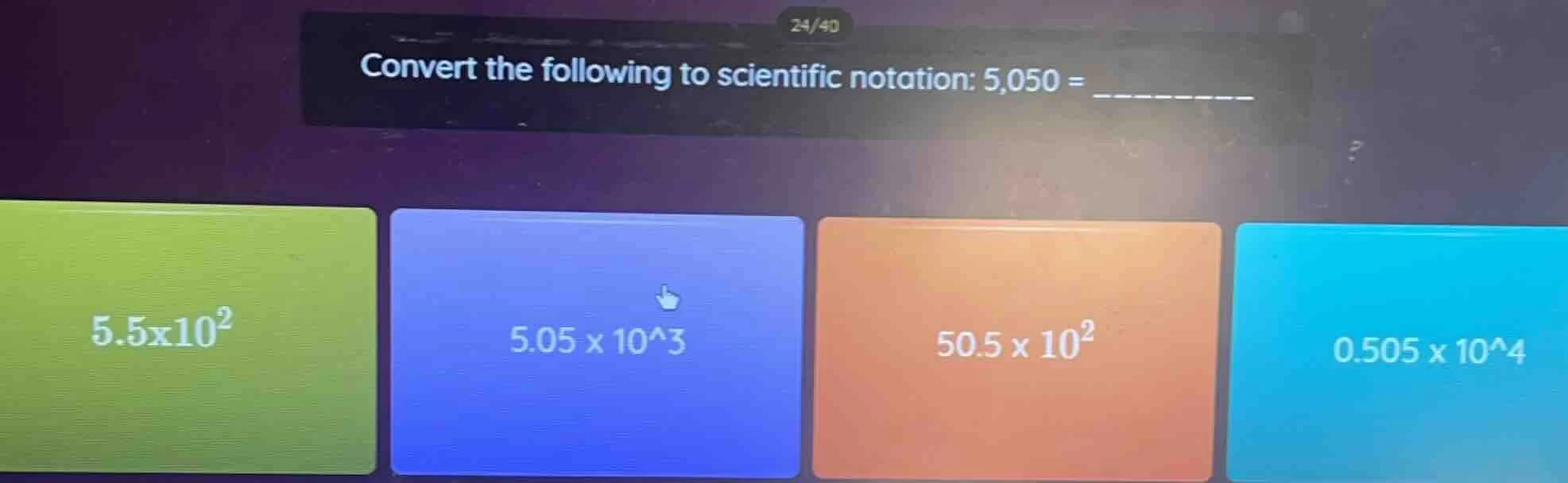 convert the following to scientific notation: 5,050 = _______ 5.5×10² 5…