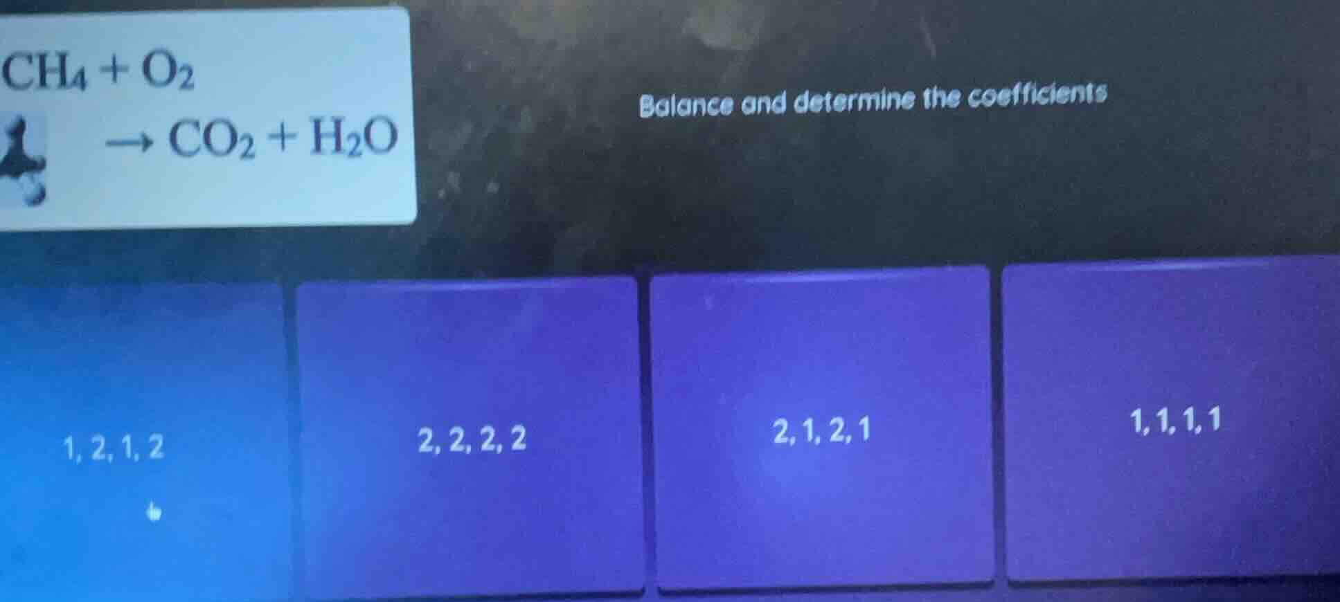ch₄ + o₂ → co₂ + h₂o balance and determine the coefficients 1, 2, 1, 2;…