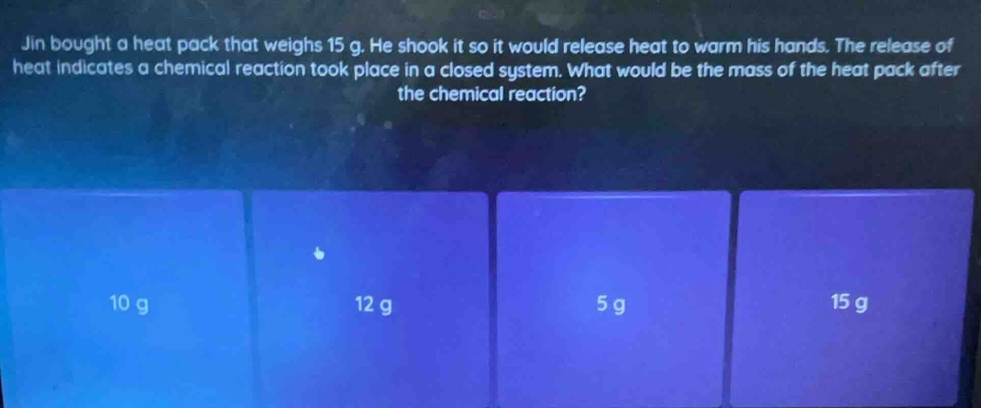 jin bought a heat pack that weighs 15 g. he shook it so it would releas…