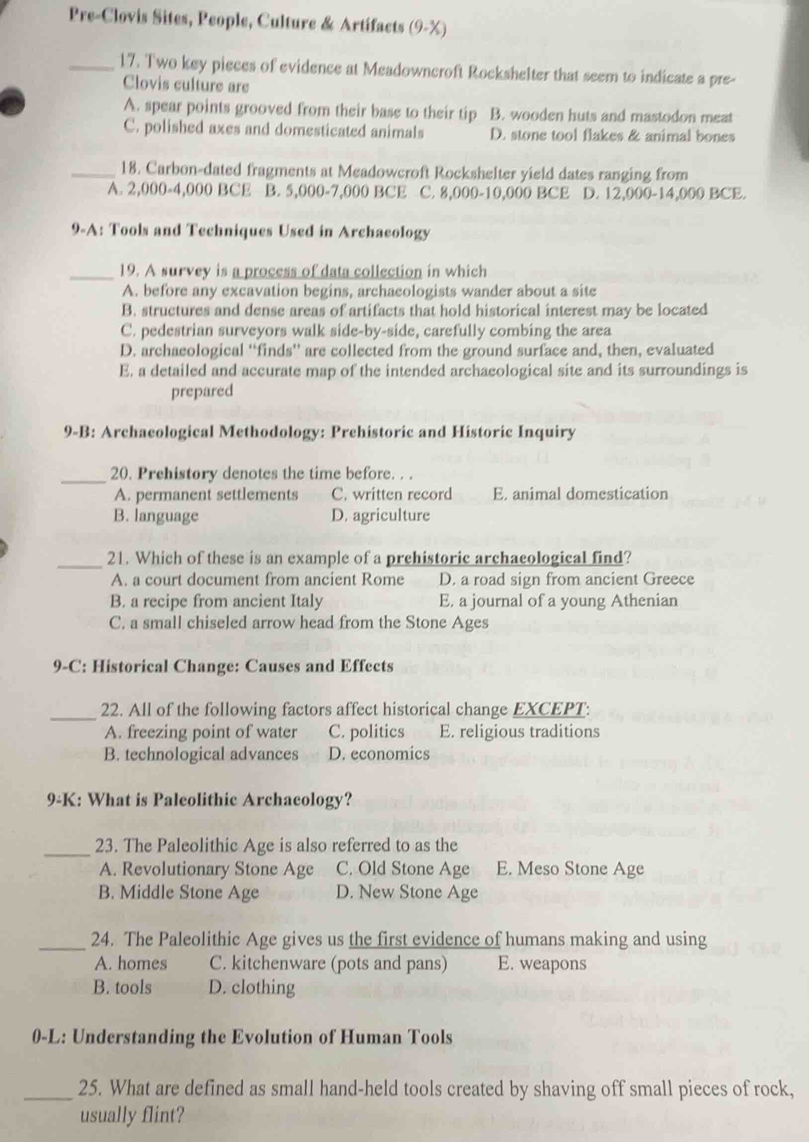 pre - clovis sites, people, culture & artifacts (9 - x) 17. two key pie…