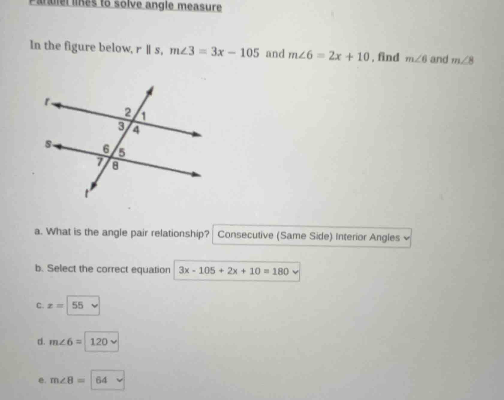 parallel lines to solve angle measure in the figure below, r || s, m∠3 …