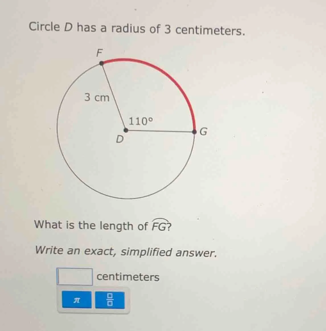 circle d has a radius of 3 centimeters. what is the length of \\(\\over…
