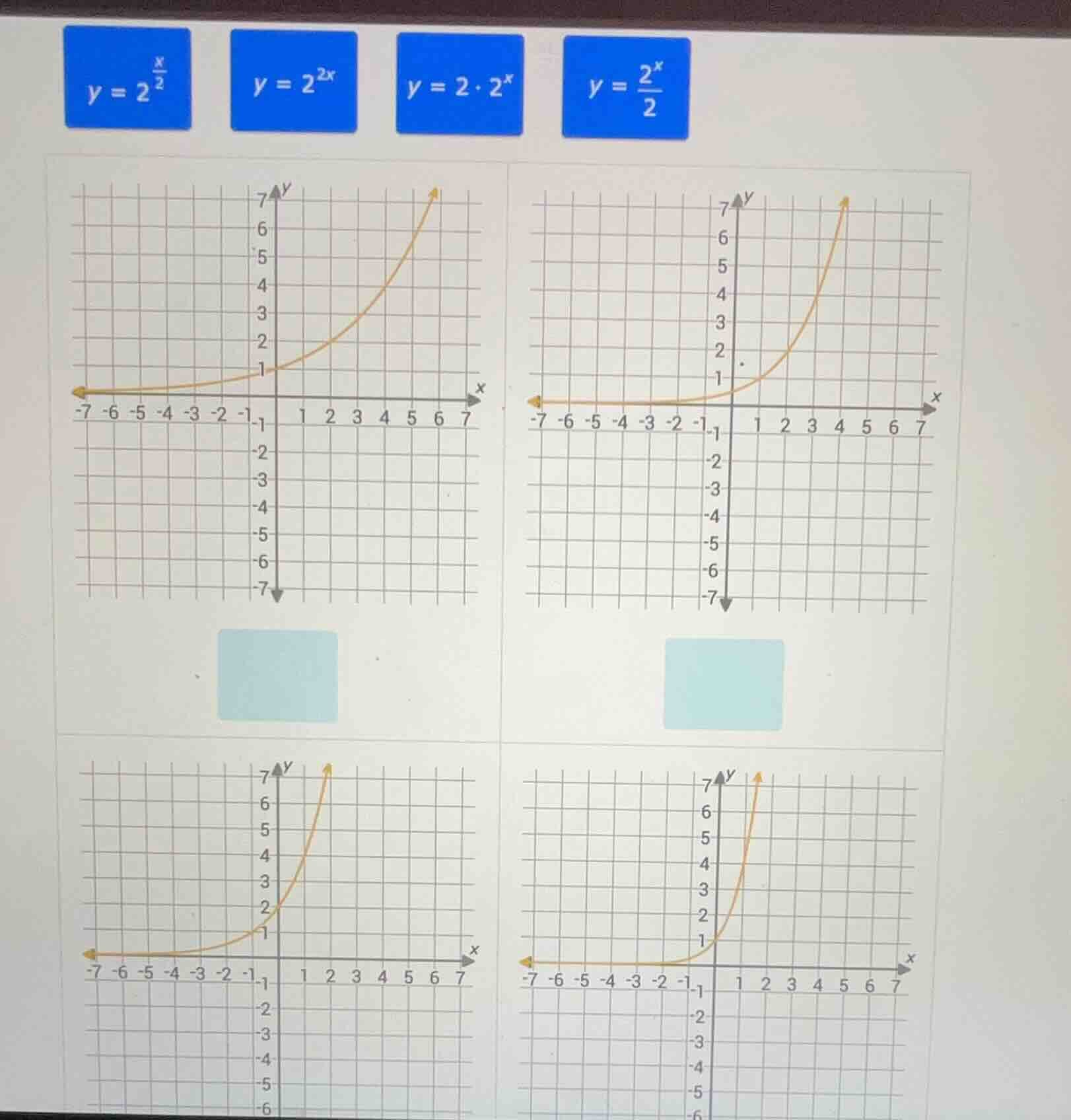 match the exponential functions ( y = 2^{\frac{x}{2}} ), ( y = 2^{2x} )…