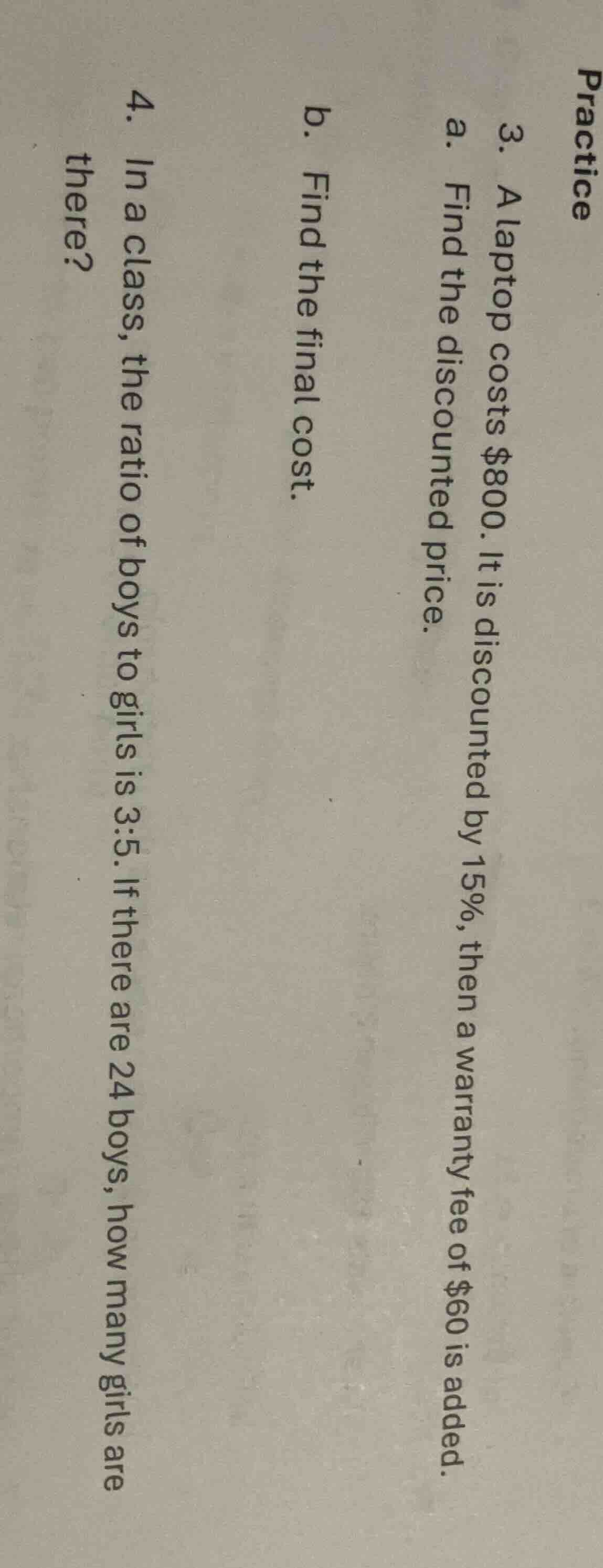 practice 3. a laptop costs $800. it is discounted by 15%, then a warran…