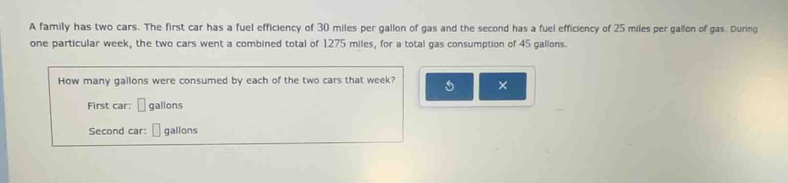a family has two cars. the first car has a fuel efficiency of 30 miles …