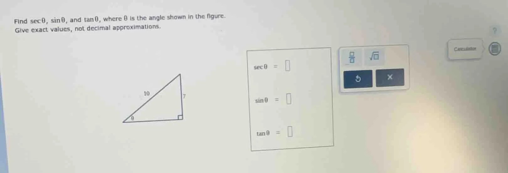 find \\( \\sec \\theta \\), \\( \\sin \\theta \\), and \\( \\tan \\thet…